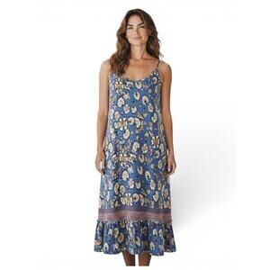 Chelsea & Violet Floral Boho Ruffle Hem Slip Dress Blue Yellow Summer Size Large
